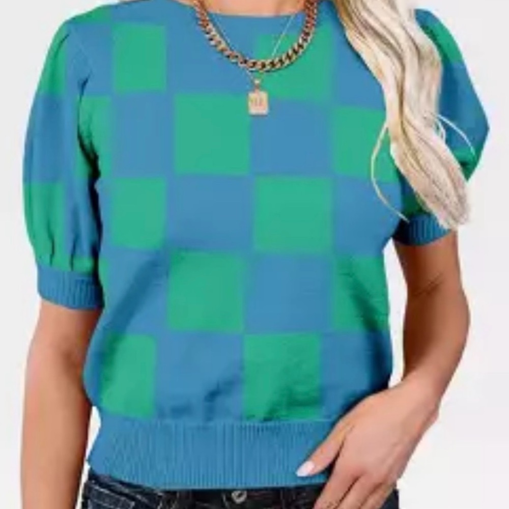 Women’s Crew Neck Short Sleeve Sweater - Blue and Green Checkered Top